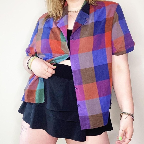 plaid checkerboard multicolor little button up top 18w - Picture 2 of 4